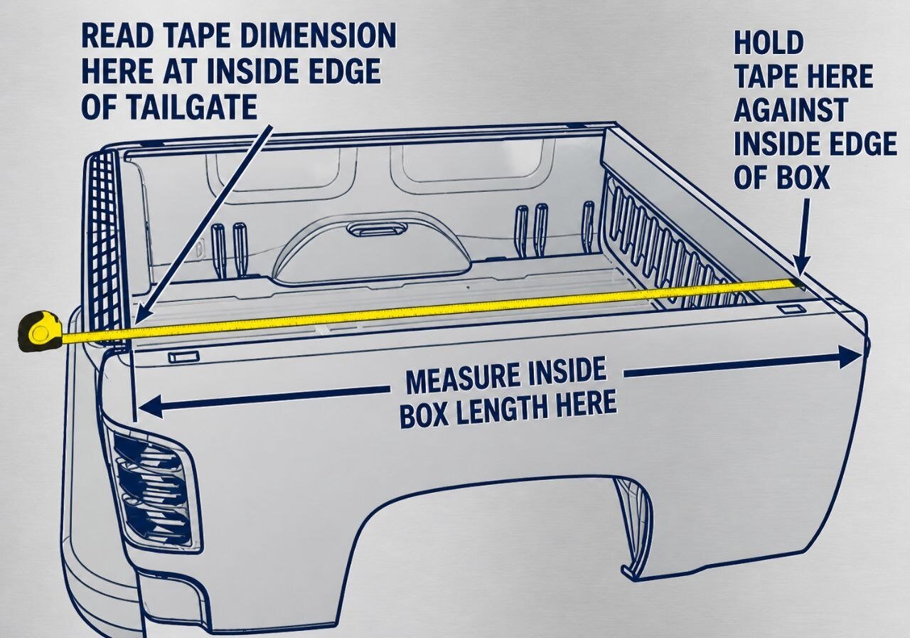 Diagram showing how to measure inside truck bed box length from the inside edge of the box to the inside edge of the tailgate